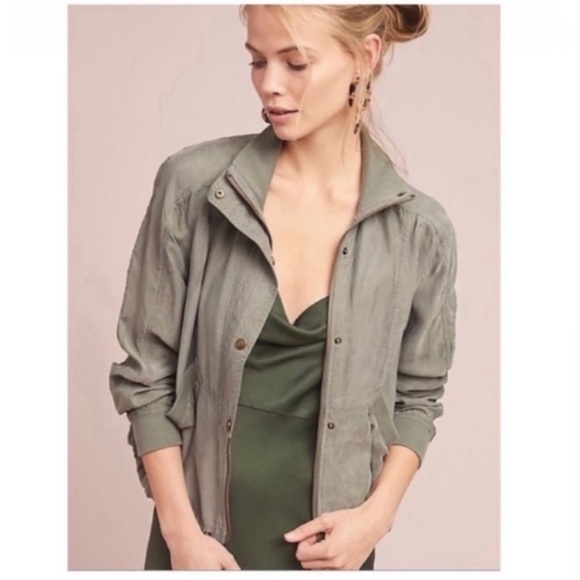 ANTHROPOLOGIE Marrakech Draped Tencel Lightweight Bomber Jacket Army Green Sz 1X - Picture 6 of 7